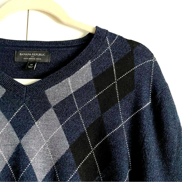 Banana Republic Men's Washable 100% Merino Wool Argyle V-Neck Sweater Size M EUC - Picture 7 of 12